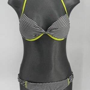 Hot Water Black and White Striped Bikini with Neon Yellow Trim